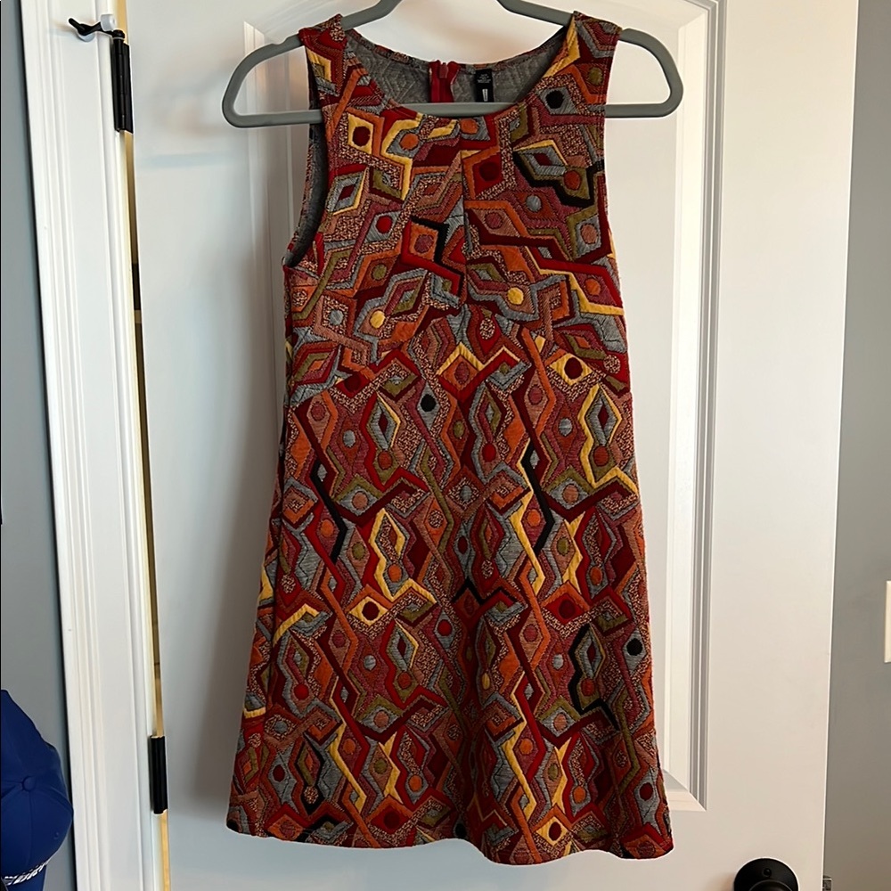 Geometric Patterned Sleeveless A-Line Dress in Rust, Red, Black, & Mustard